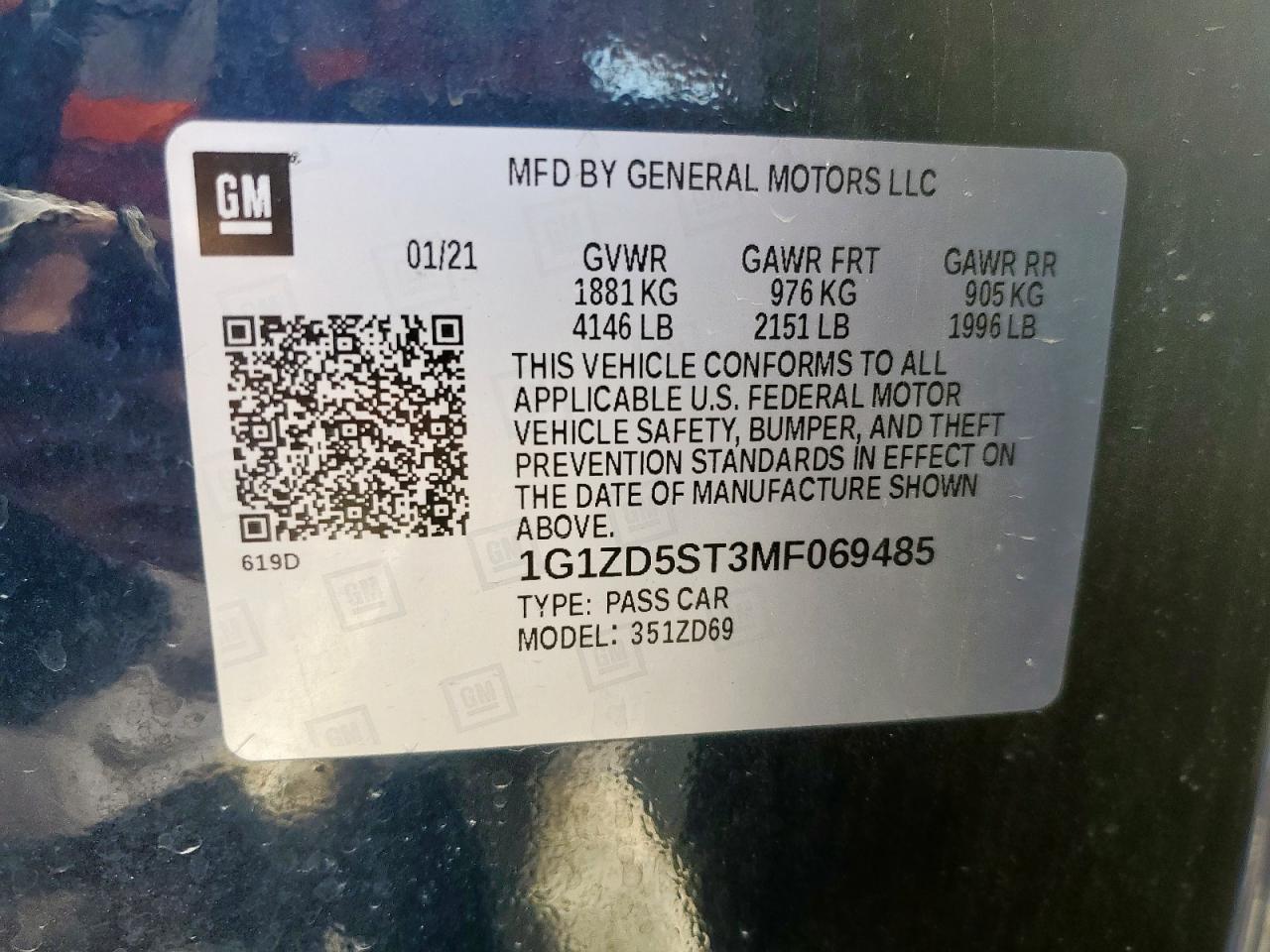 2021 Chevrolet Malibu Lt VIN: 1G1ZD5ST3MF069485 Lot: 65396715