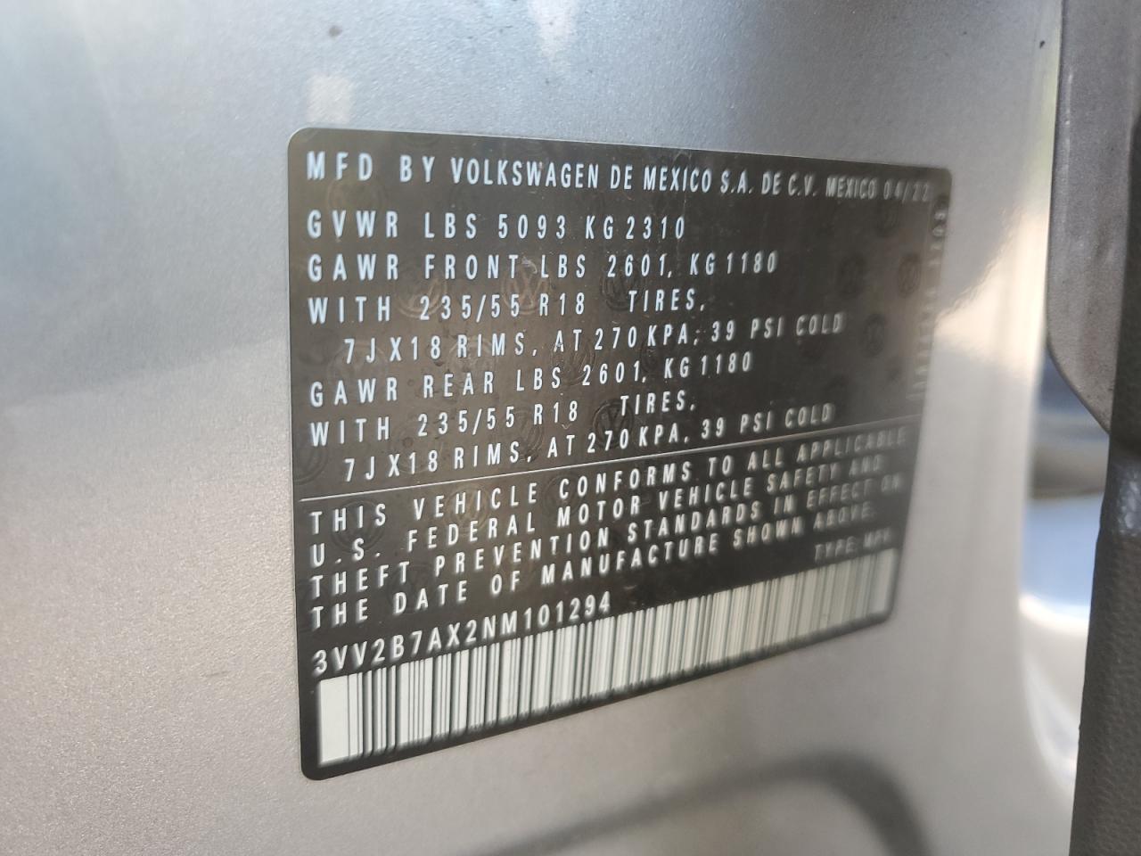 2022 Volkswagen Tiguan Se VIN: 3VV2B7AX2NM101294 Lot: 64133195