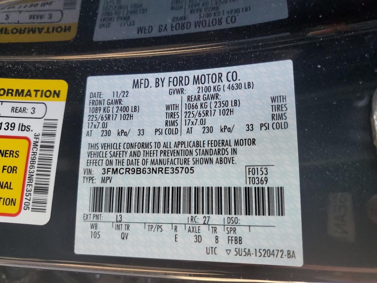 2022 Ford Bronco Sport Big Bend VIN: 3FMCR9B63NRE35705 Lot: 63625215