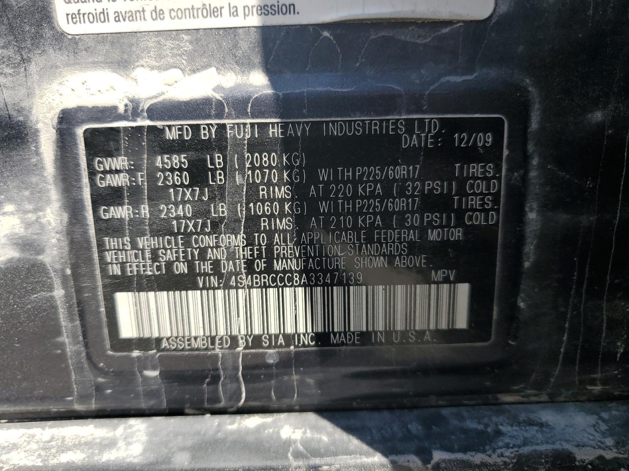 2010 Subaru Outback 2.5I Premium VIN: 4S4BRCCC8A3347139 Lot: 64036875