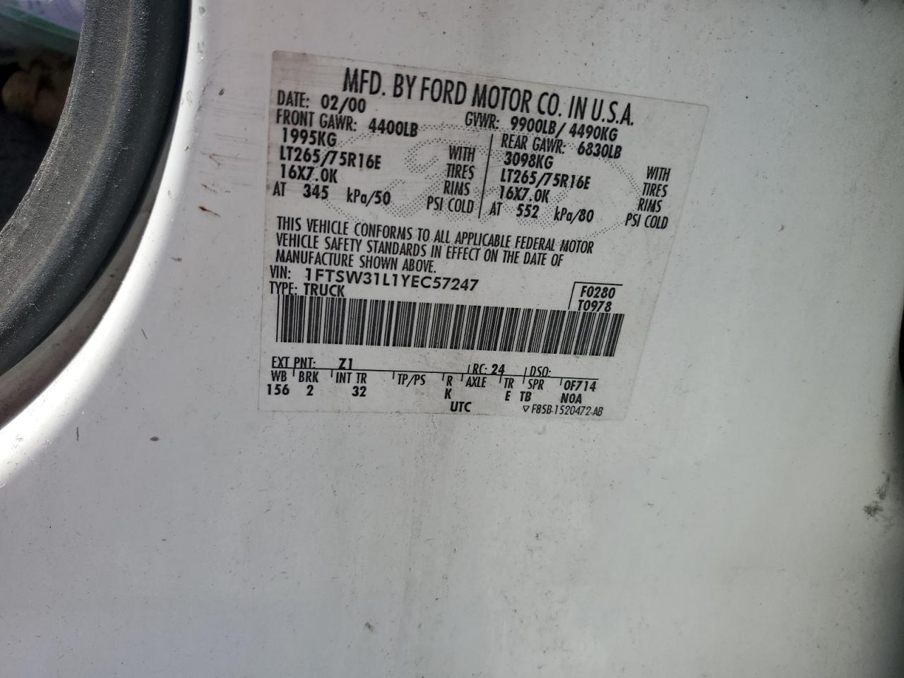 2000 Ford F350 Srw Super Duty VIN: 1FTSW31L1YEC57247 Lot: 63279605