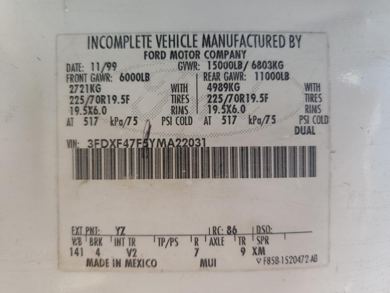 2000 Ford F450 Super Duty VIN: 3FDXF47F5YMA22031 Lot: 62984695