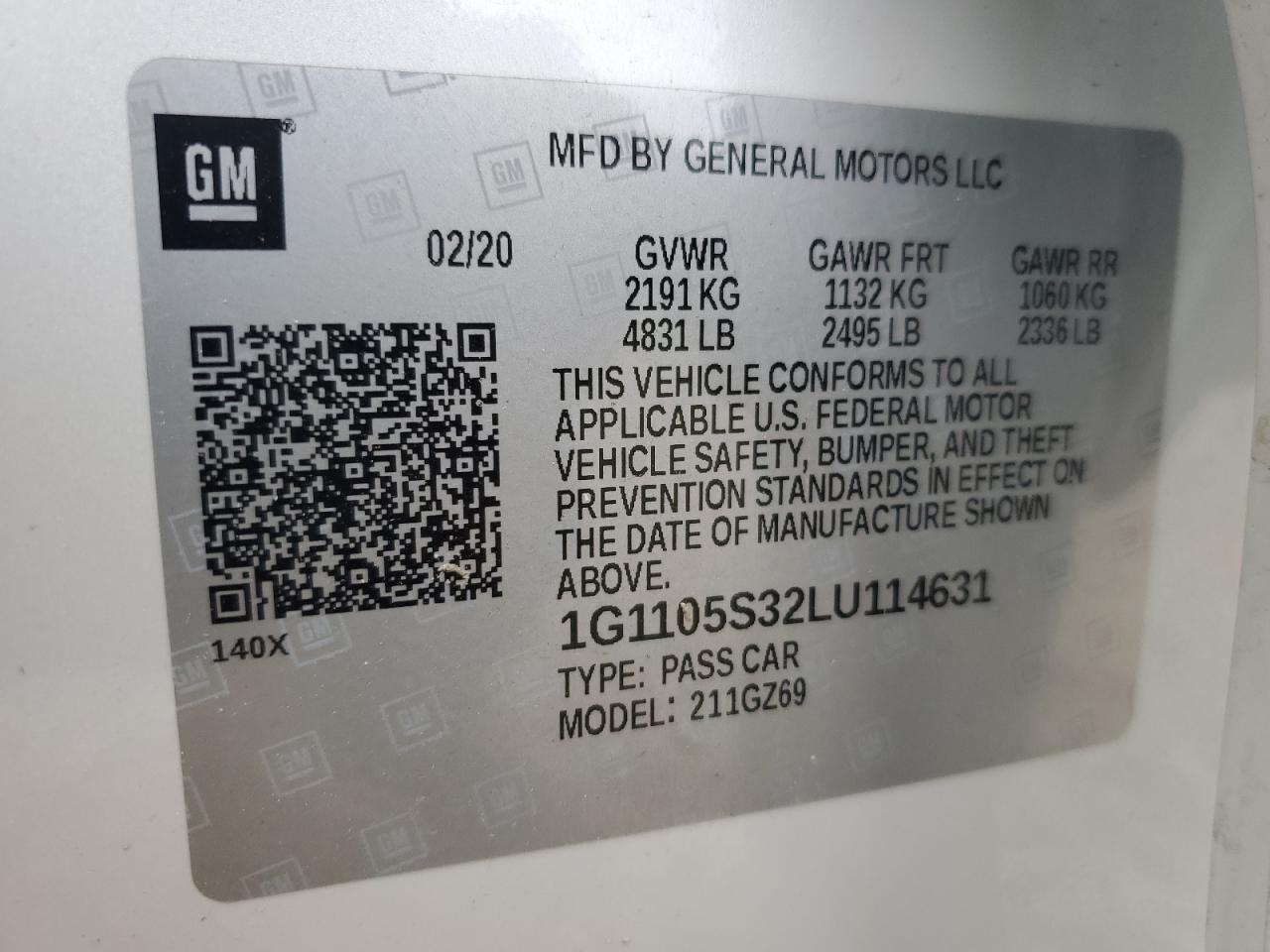 2020 Chevrolet Impala Premier VIN: 1G1105S32LU114631 Lot: 62600355