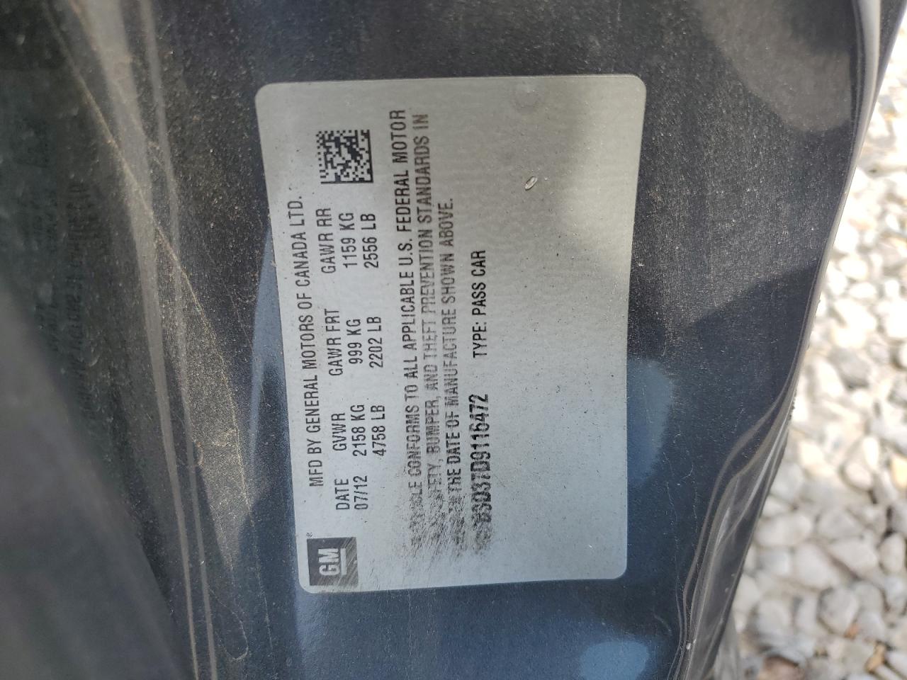 2013 Chevrolet Camaro Lt VIN: 2G1FB3D37D9116472 Lot: 64349985