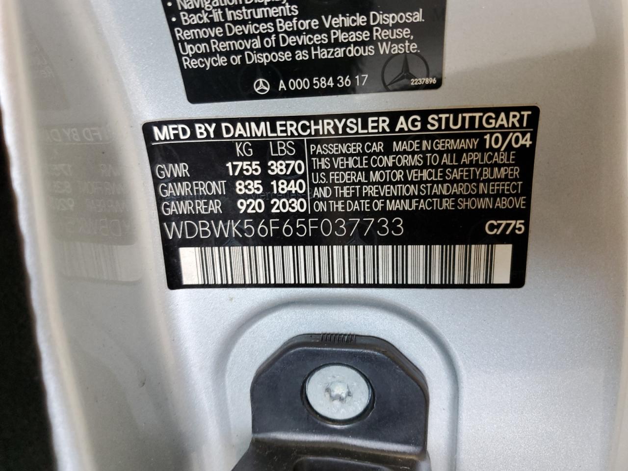 2005 Mercedes-Benz Slk 350 VIN: WDBWK56F65F037733 Lot: 63248685