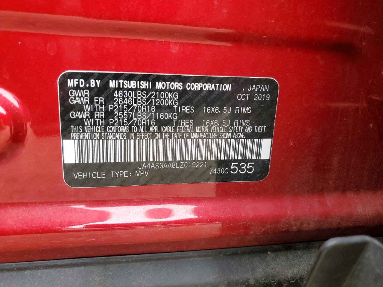 2020 Mitsubishi Eclipse Cross Es VIN: JA4AS3AA8LZ019221 Lot: 64954635