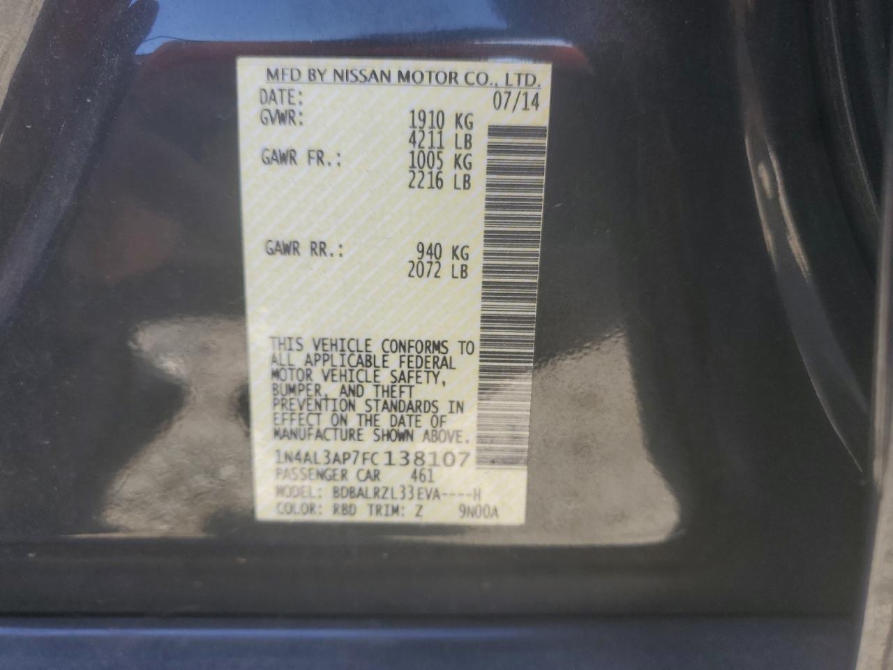 2015 Nissan Altima 2.5 VIN: 1N4AL3AP7FC138107 Lot: 64644355