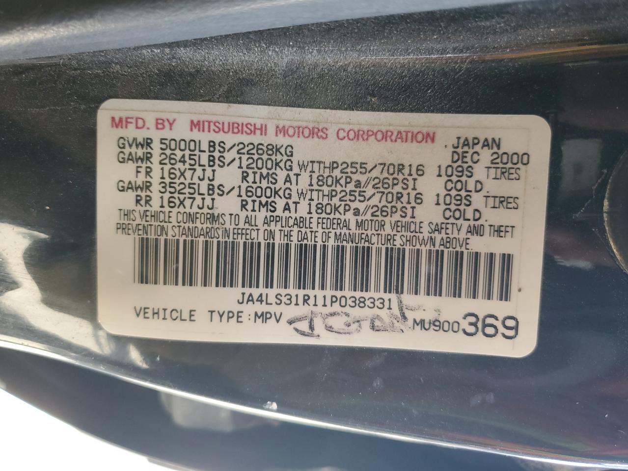 2001 Mitsubishi Montero Sport Xs VIN: JA4LS31R11P038331 Lot: 63239545
