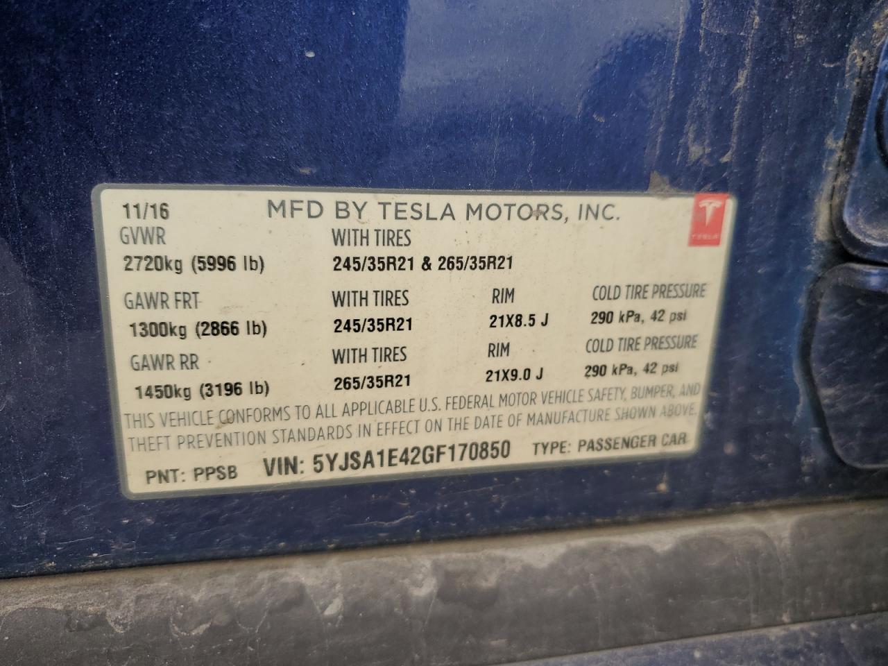 2016 Tesla Model S VIN: 5YJSA1E42GF170850 Lot: 64051235