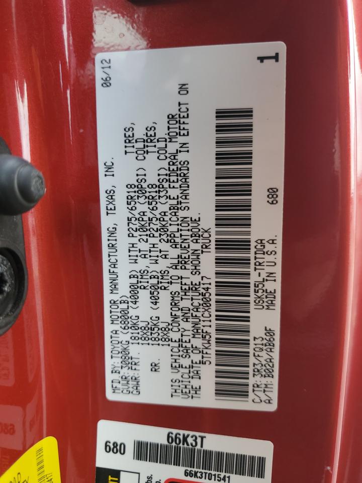 2012 Toyota Tundra VIN: 5TFKW5F11CX005417 Lot: 64883415