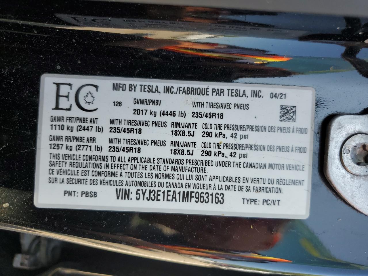 2021 Tesla Model 3 VIN: 5YJ3E1EA1MF963163 Lot: 62106075