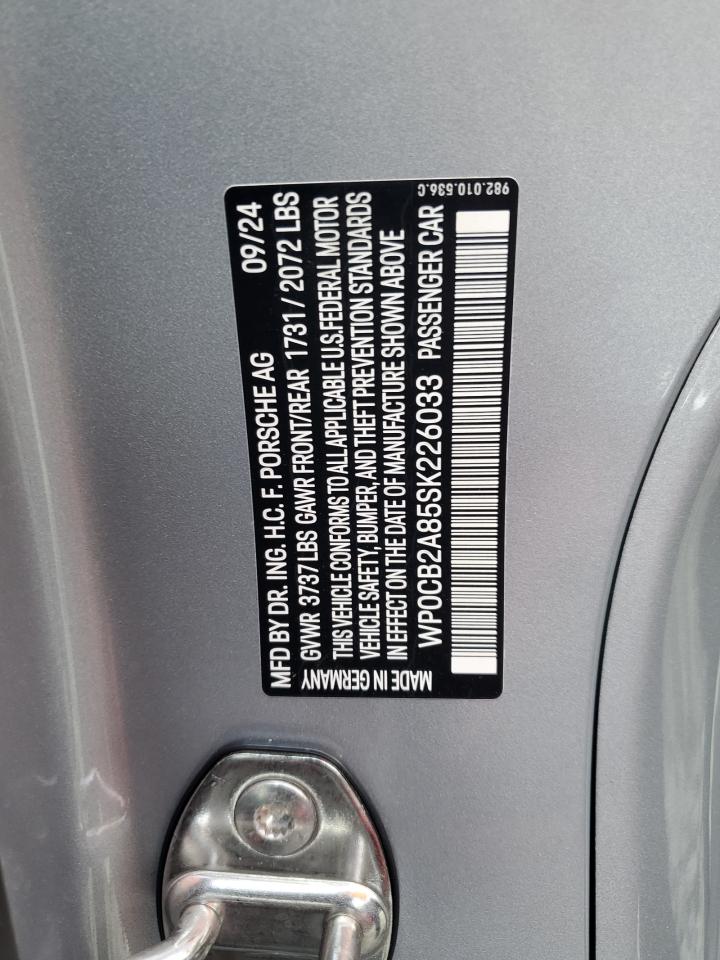 2025 Porsche Boxster S VIN: WP0CB2A85SK226033 Lot: 64644275