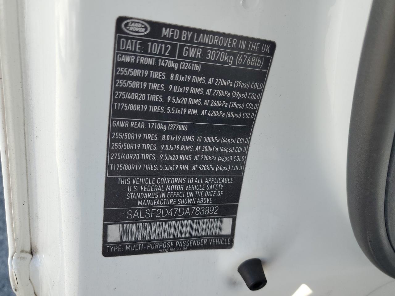 2013 Land Rover Range Rover Sport Hse VIN: SALSF2D47DA783892 Lot: 66343825