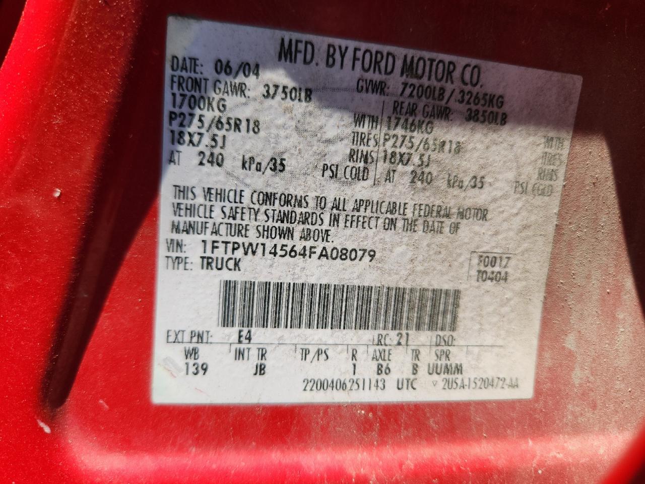 2004 Ford F150 Supercrew VIN: 1FTPW14564FA08079 Lot: 65352155