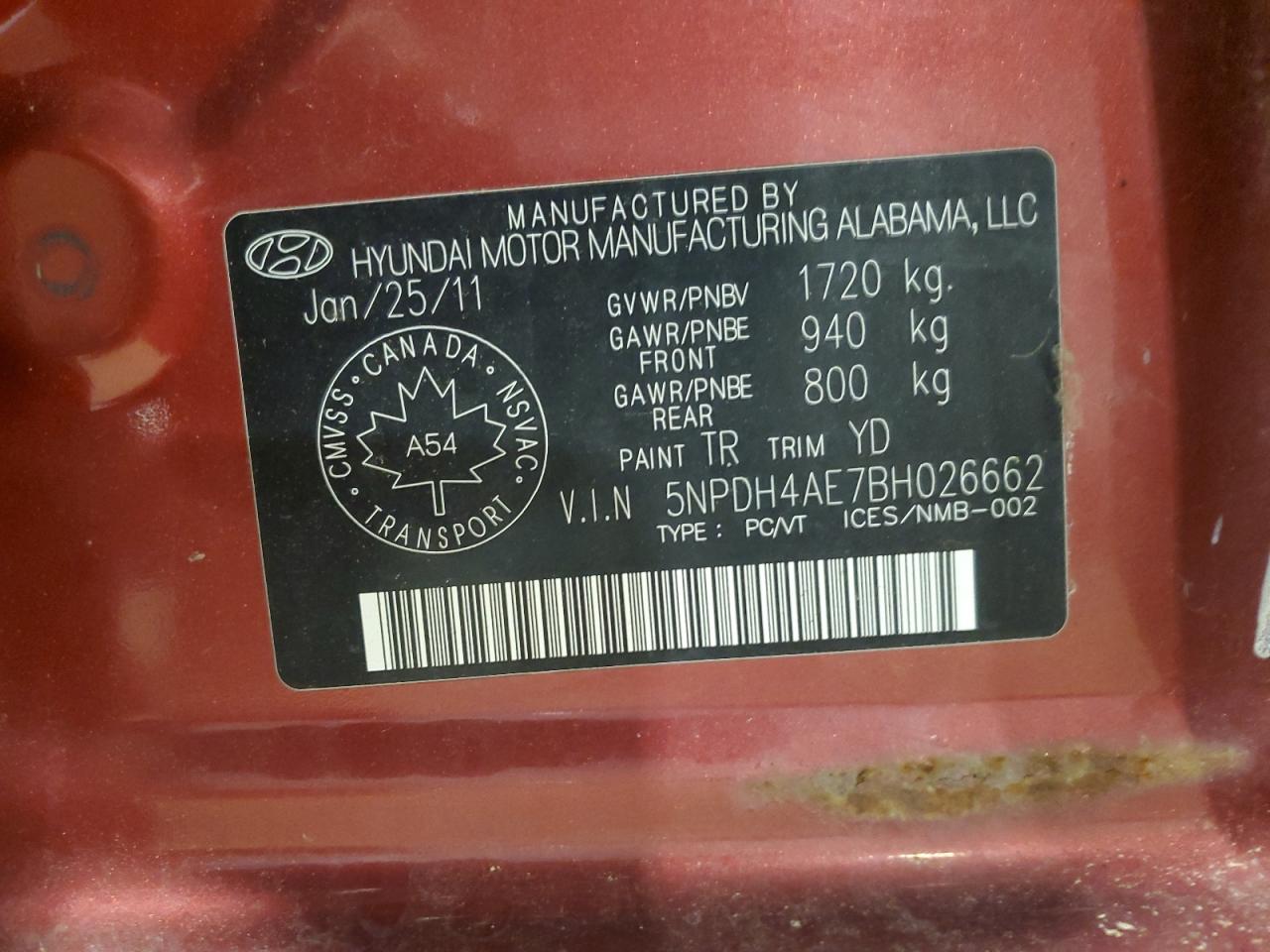 2011 Hyundai Elantra Gls VIN: 5NPDH4AE7BH026662 Lot: 64785175