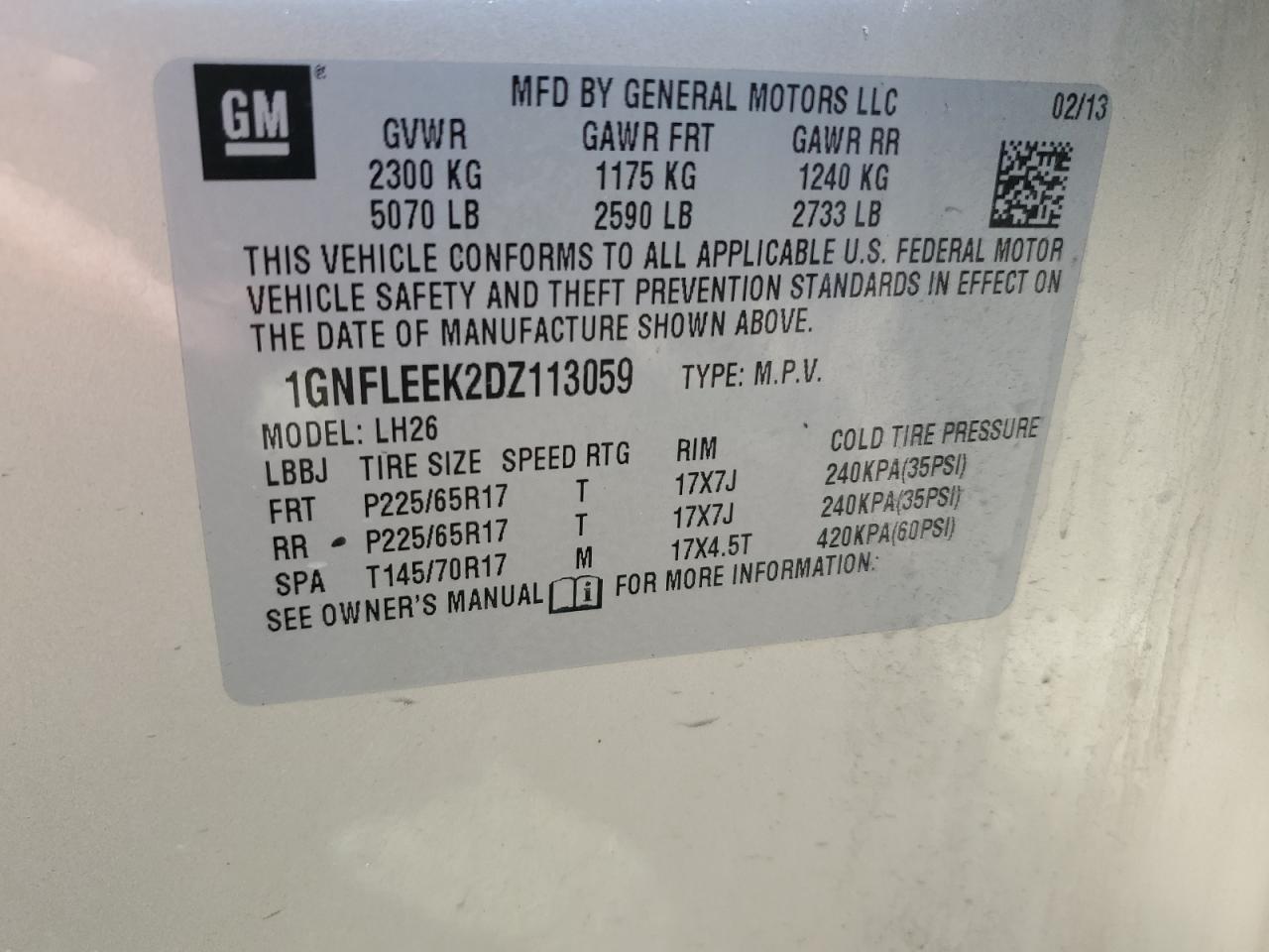 2013 Chevrolet Equinox Lt VIN: 1GNFLEEK2DZ113059 Lot: 65448755