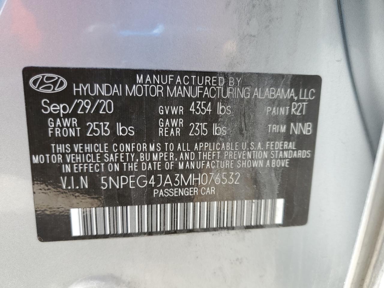 2021 Hyundai Sonata Se VIN: 5NPEG4JA3MH076532 Lot: 62541795