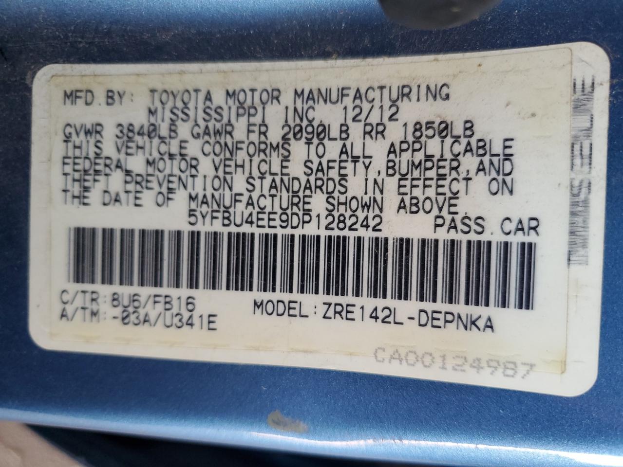 2013 Toyota Corolla Base VIN: 5YFBU4EE9DP128242 Lot: 64775405