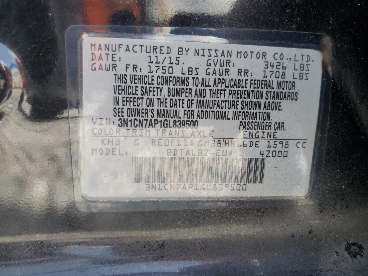2016 Nissan Versa S VIN: 3N1CN7AP1GL839500 Lot: 64417695