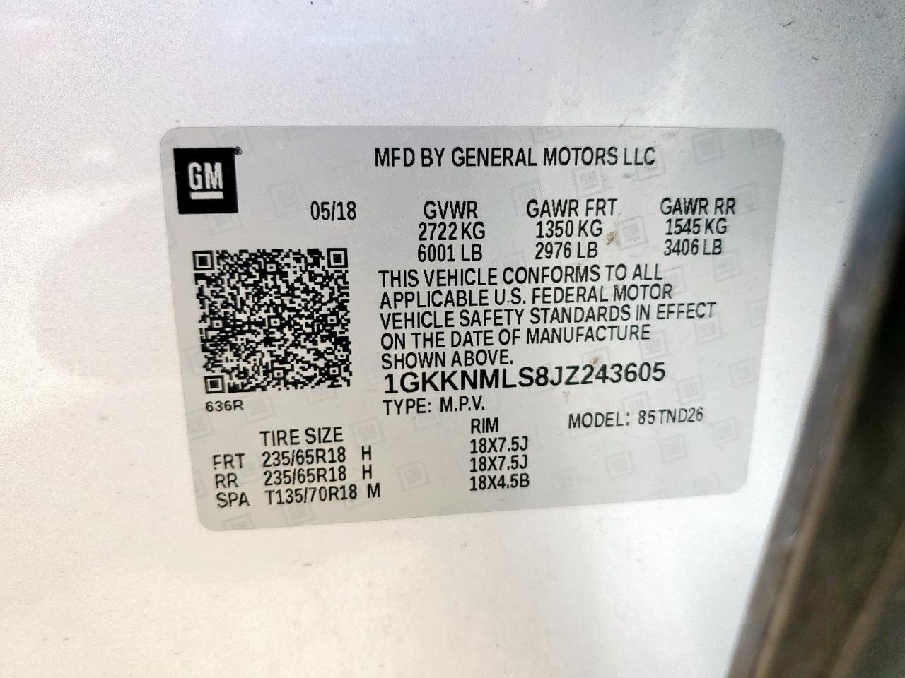 2018 GMC Acadia Slt-1 VIN: 1GKKNMLS8JZ243605 Lot: 64478045