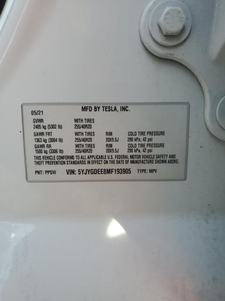 2021 Tesla Model Y VIN: 5YJYGDEE8MF193905 Lot: 64492705