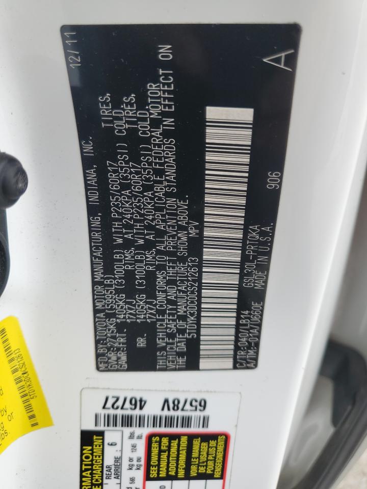 2012 Toyota Sienna Xle VIN: 5TDYK3DC0CS212613 Lot: 62317765