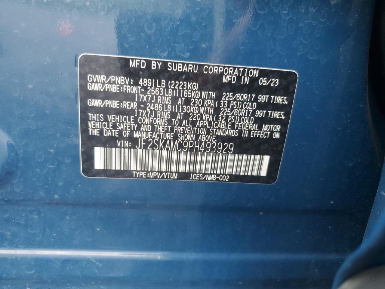 2023 Subaru Forester Wilderness VIN: JF2SKAMC9PH493929 Lot: 64746405