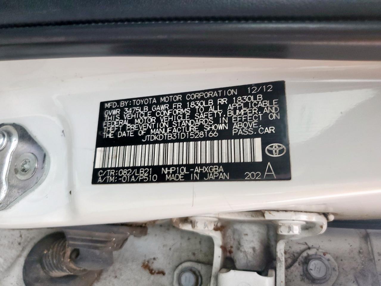 2013 Toyota Prius C VIN: JTDKDTB31D1528166 Lot: 63186605