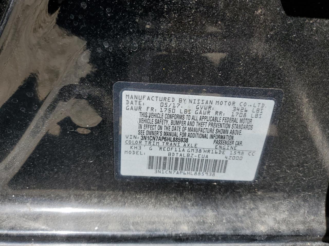 2017 Nissan Versa S VIN: 3N1CN7AP6HL885938 Lot: 64070505