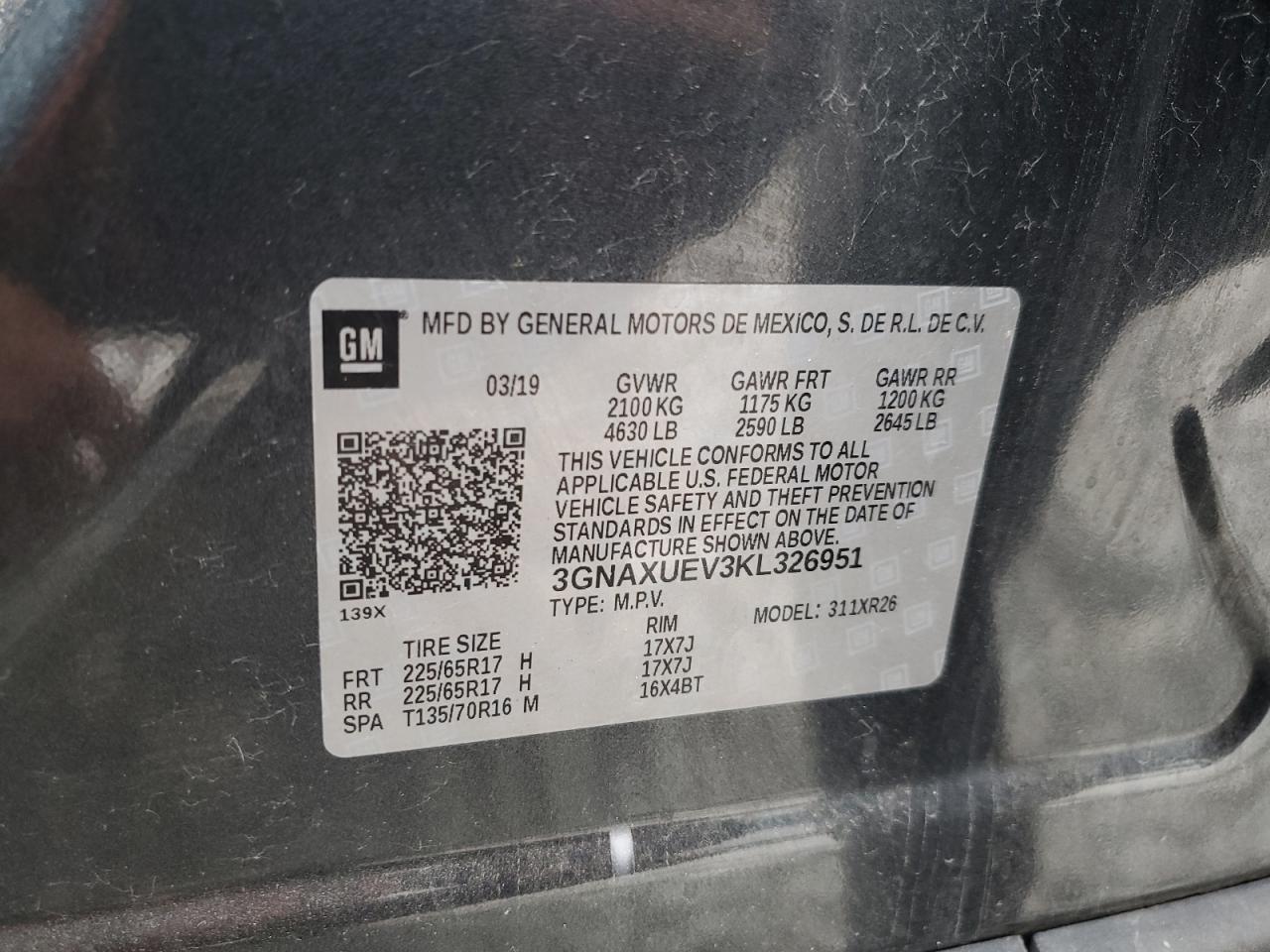 2019 Chevrolet Equinox Lt VIN: 3GNAXUEV3KL326951 Lot: 64823325