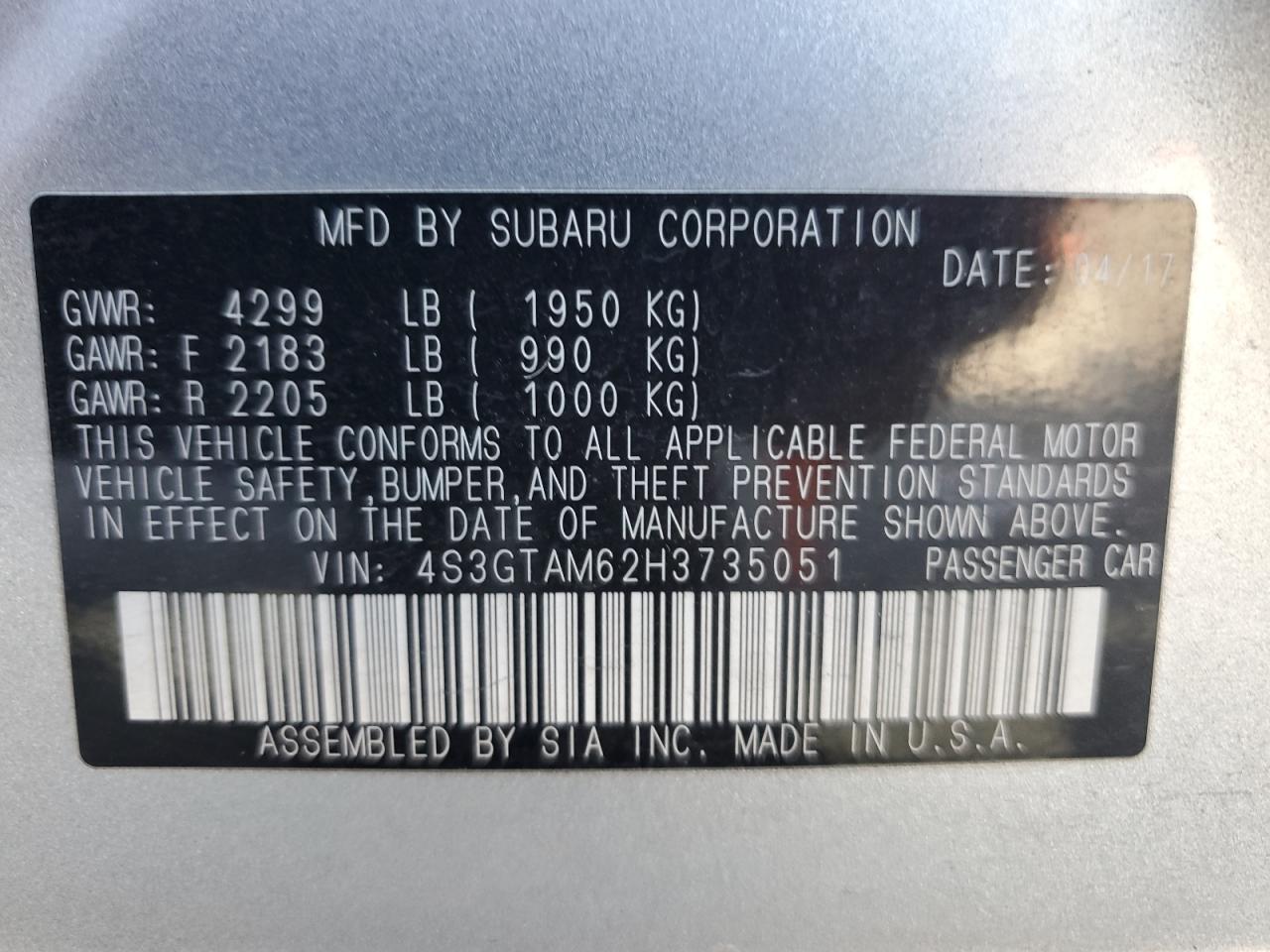 2017 Subaru Impreza Sport VIN: 4S3GTAM62H3735051 Lot: 65237745
