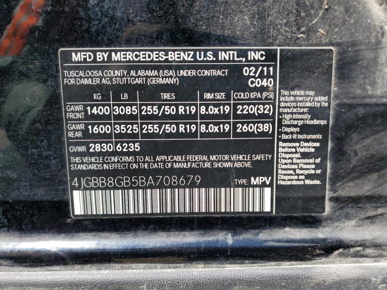 2011 Mercedes-Benz Ml 350 4Matic VIN: 4JGBB8GB5BA708679 Lot: 63273515