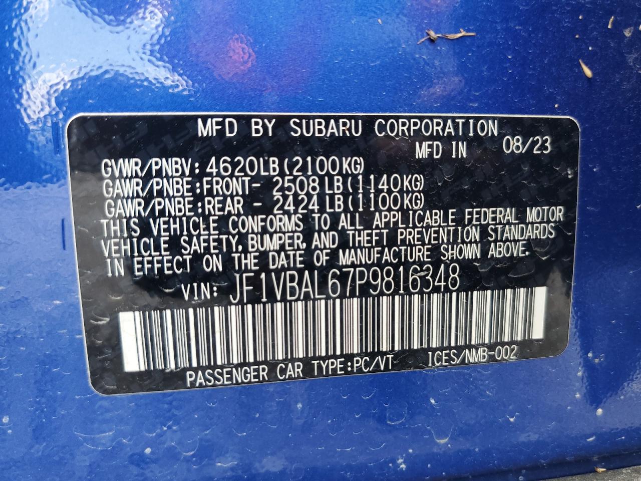 2023 Subaru Wrx Limited VIN: JF1VBAL67P9816348 Lot: 64044215