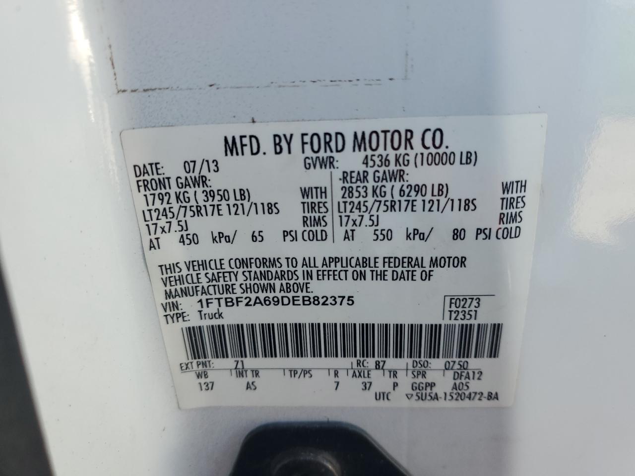 2013 Ford F250 Super Duty VIN: 1FTBF2A69DEB82375 Lot: 66681175