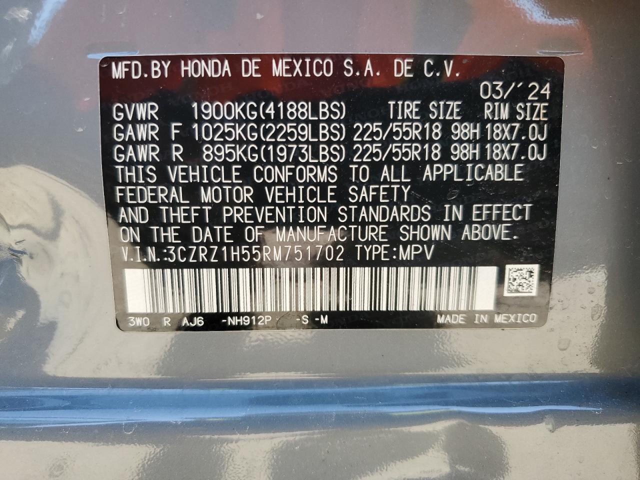 2024 Honda Hr-V Sport VIN: 3CZRZ1H55RM751702 Lot: 66492175