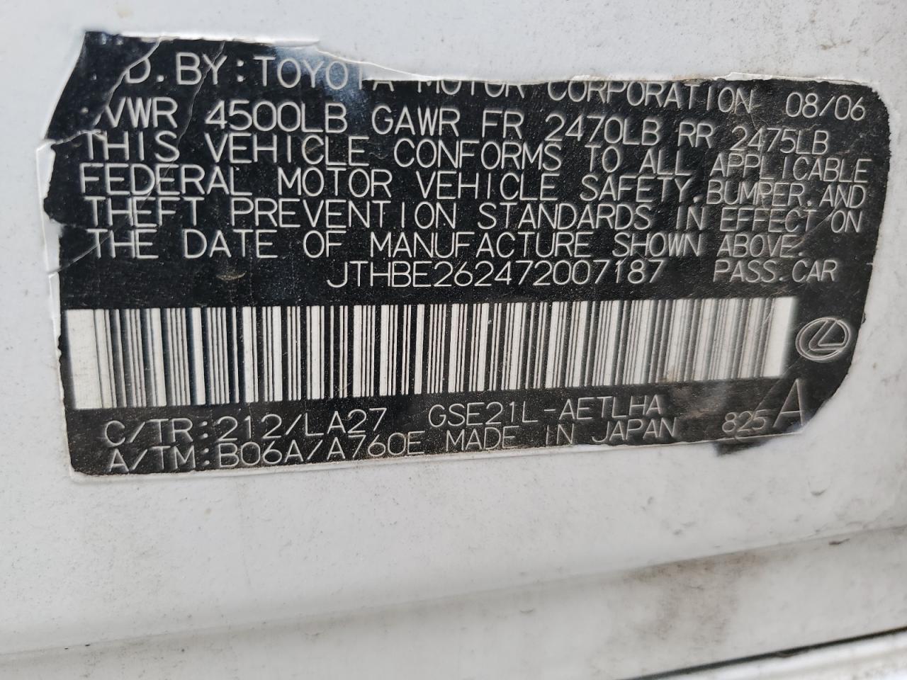 2007 Lexus Is 350 VIN: JTHBE262472007187 Lot: 64844715