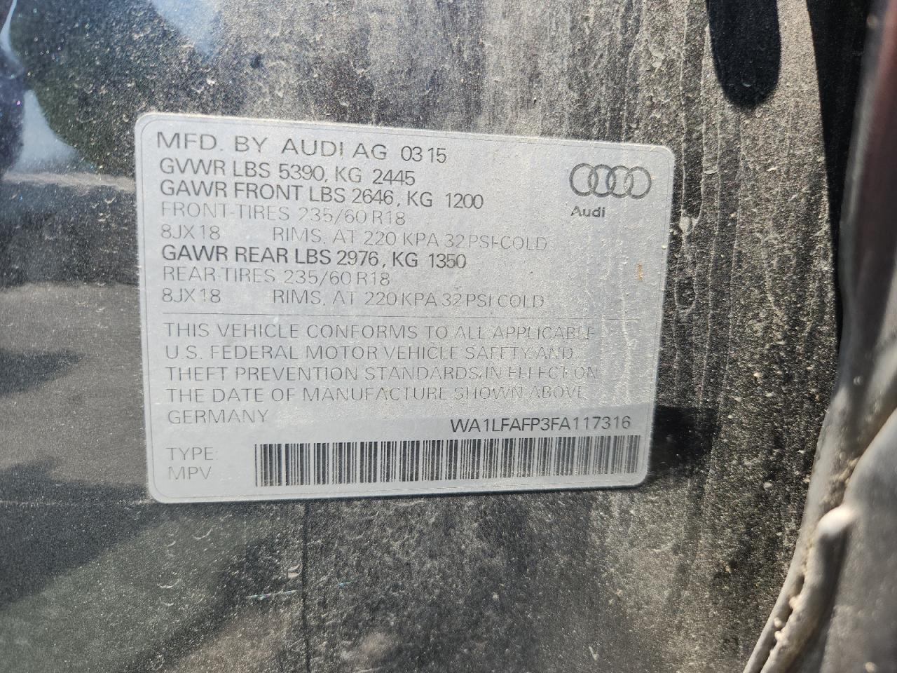 2015 Audi Q5 Premium Plus VIN: WA1LFAFP3FA117316 Lot: 63975565