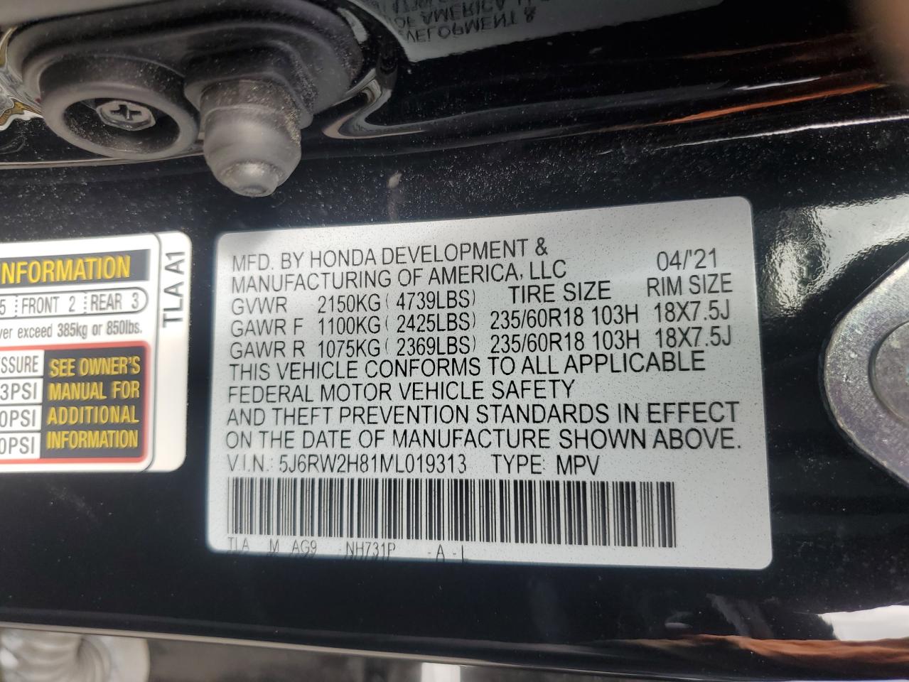 2021 Honda Cr-V Exl VIN: 5J6RW2H81ML019313 Lot: 63165345