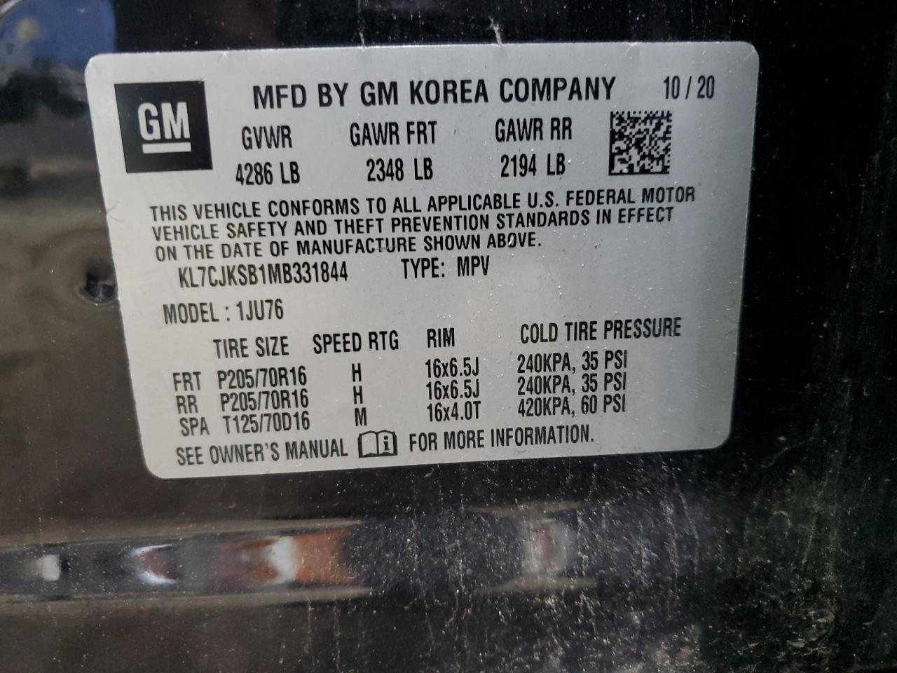 2021 Chevrolet Trax Ls VIN: KL7CJKSB1MB331844 Lot: 64378635