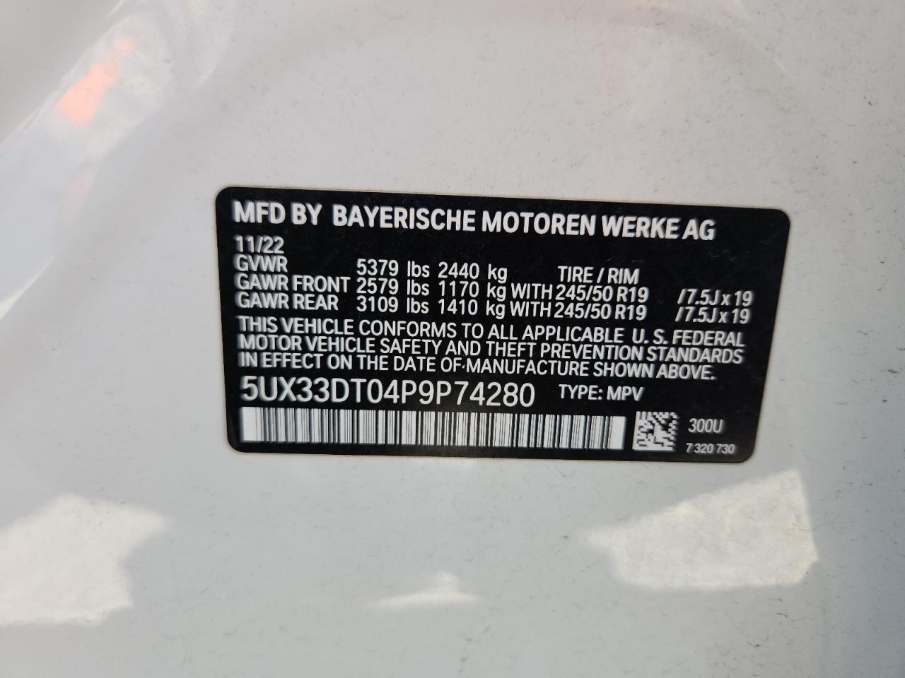 2023 BMW X4 xDrive30I VIN: 5UX33DT04P9P74280 Lot: 64215815