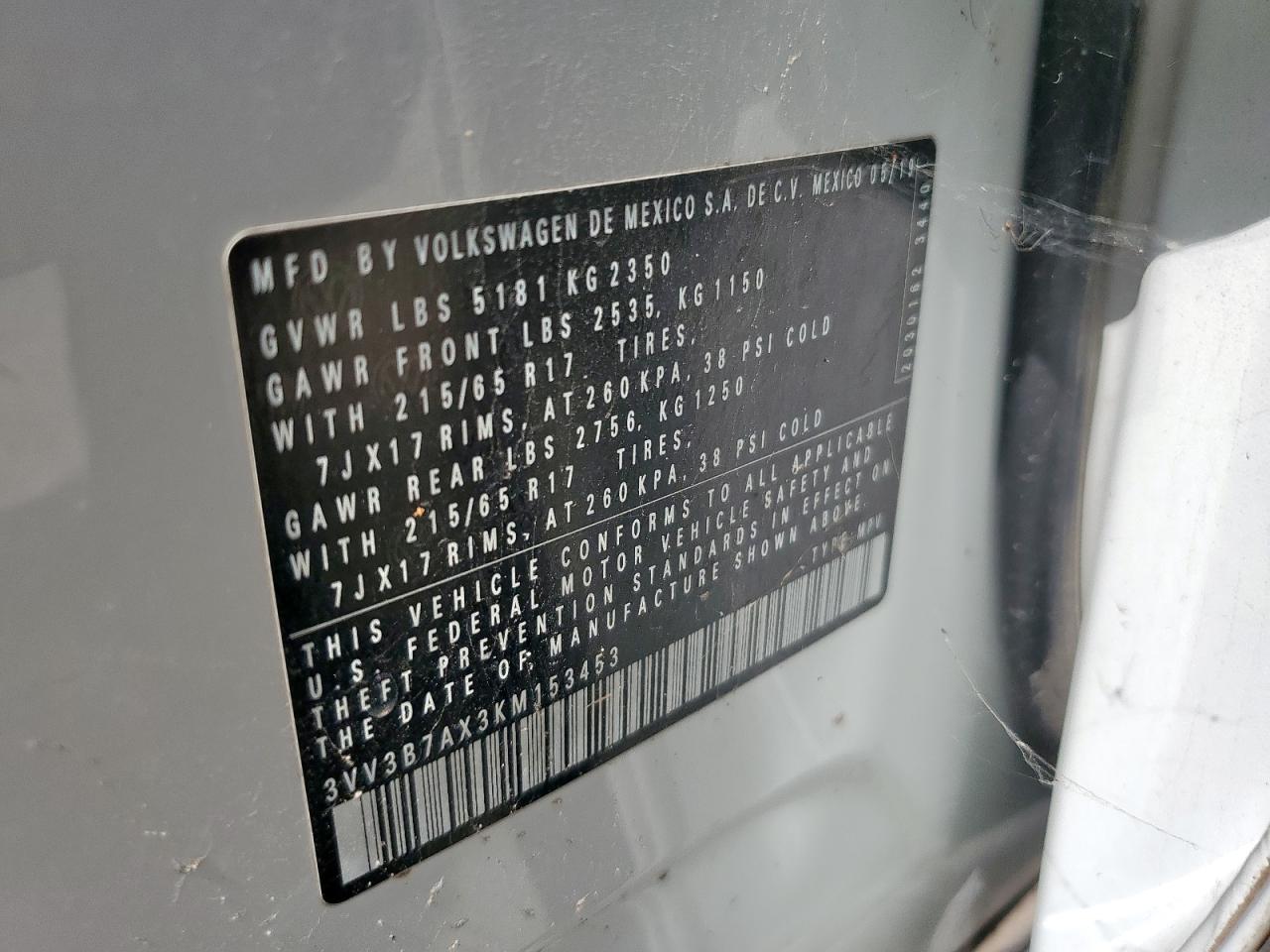 2019 Volkswagen Tiguan Se VIN: 3VV3B7AX3KM153453 Lot: 65812975