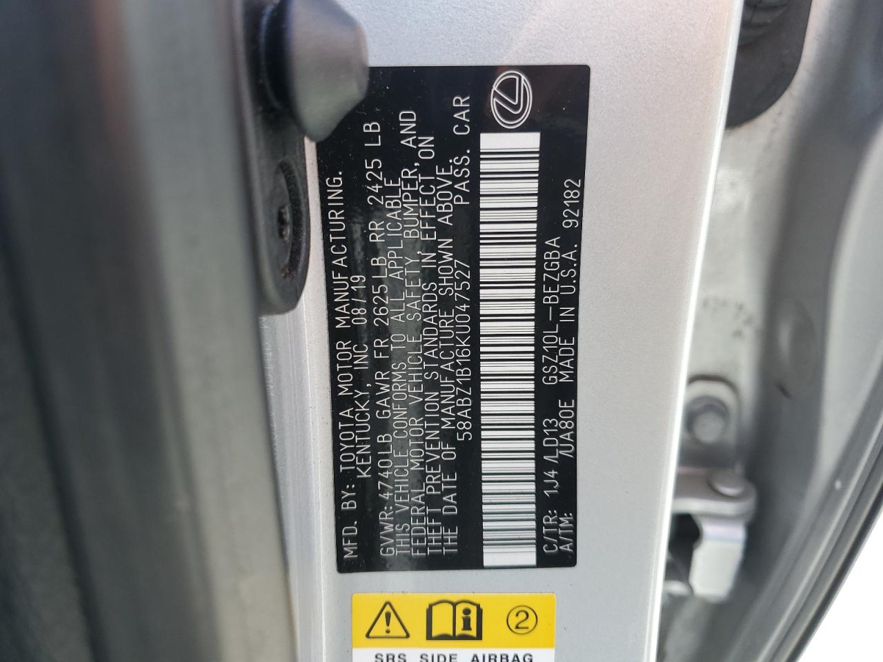 2019 Lexus Es 350 VIN: 58ABZ1B16KU047527 Lot: 64420645