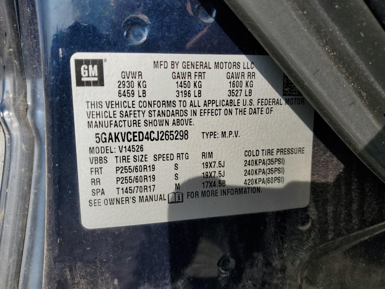 2012 Buick Enclave VIN: 5GAKVCED4CJ265298 Lot: 62079825