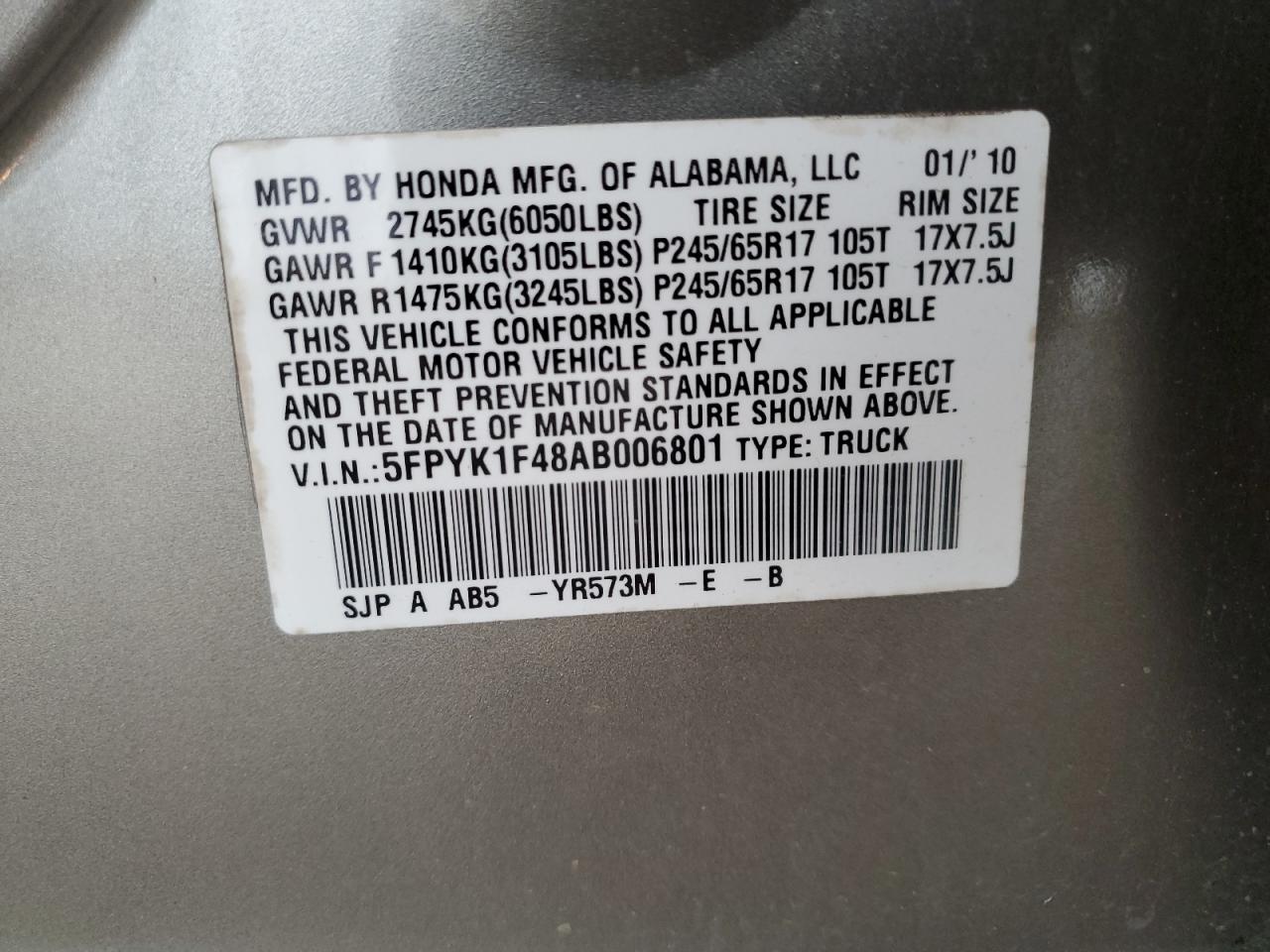 2010 Honda Ridgeline Rts VIN: 5FPYK1F48AB006801 Lot: 64038075