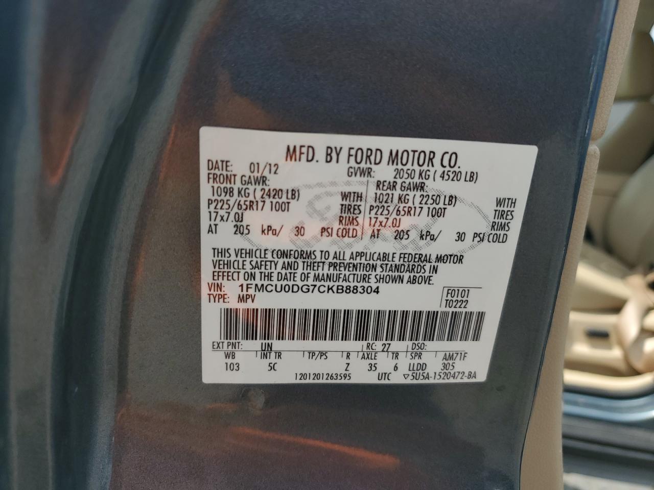 2012 Ford Escape Xlt VIN: 1FMCU0DG7CKB88304 Lot: 65444105