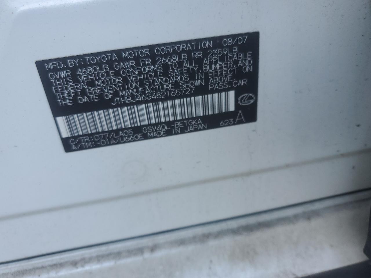 2008 Lexus Es 350 VIN: JTHBJ46G482165727 Lot: 64998265