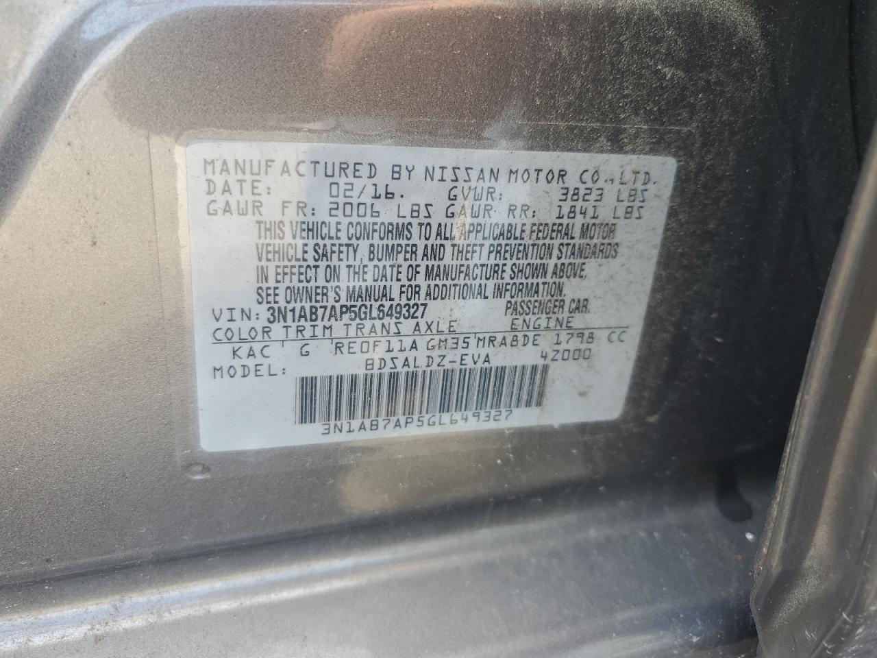 2016 Nissan Sentra S VIN: 3N1AB7AP5GL649327 Lot: 64776565