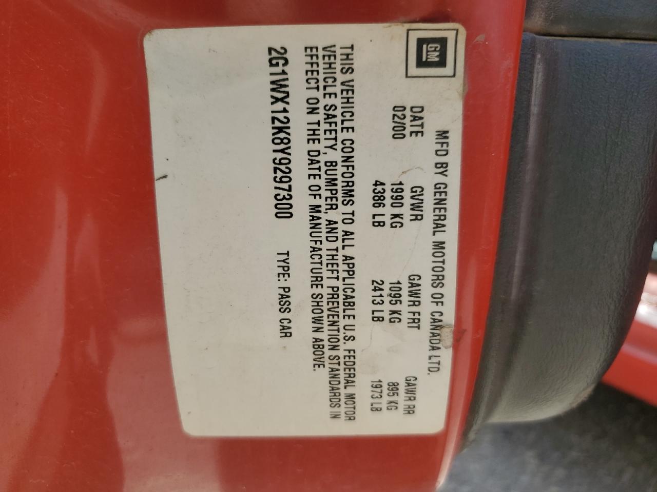 2000 Chevrolet Monte Carlo Ss VIN: 2G1WX12K8Y9297300 Lot: 66835605