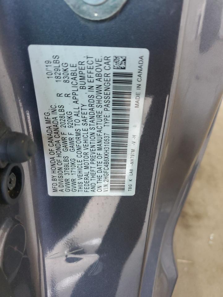 2019 Honda Civic Lx VIN: 2HGFC4B6XKH310537 Lot: 65708235