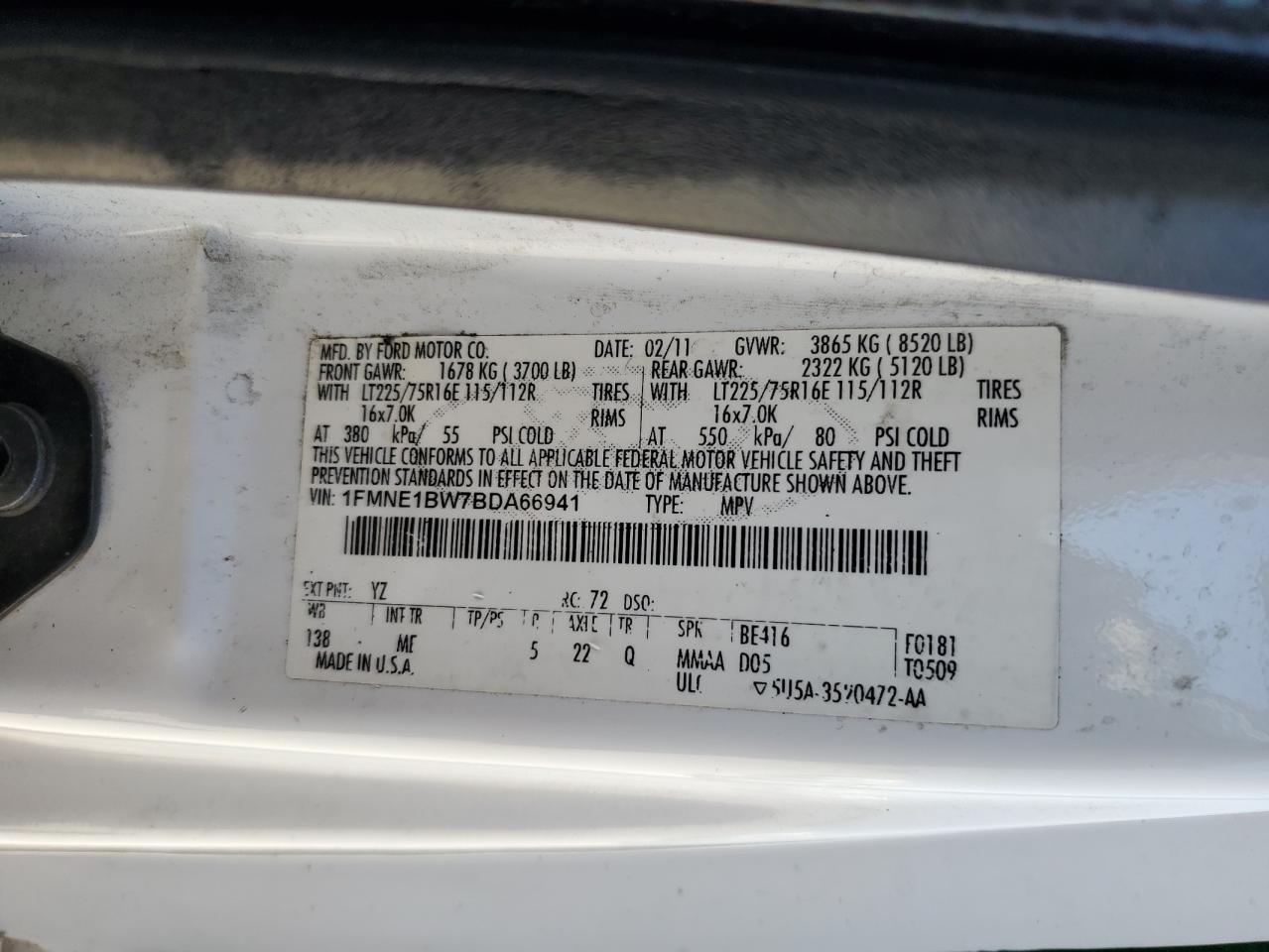 2011 Ford Econoline E150 Wagon VIN: 1FMNE1BW7BDA66941 Lot: 64600205
